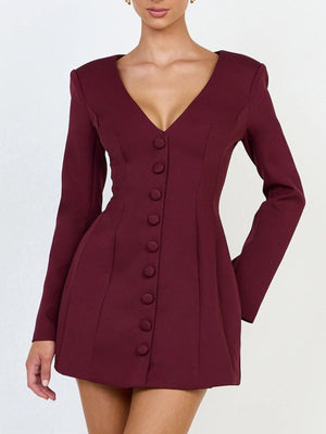 blazer dress in burgundy featuring buttoned and A-line fit