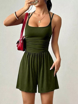 Ruched Spaghetti Strap Romper in Olive Green, view 22