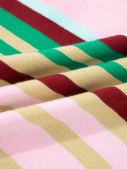 Ribbed cropped sweater with multicolor stripes in pink, tan, green, burgundy, and light blue.