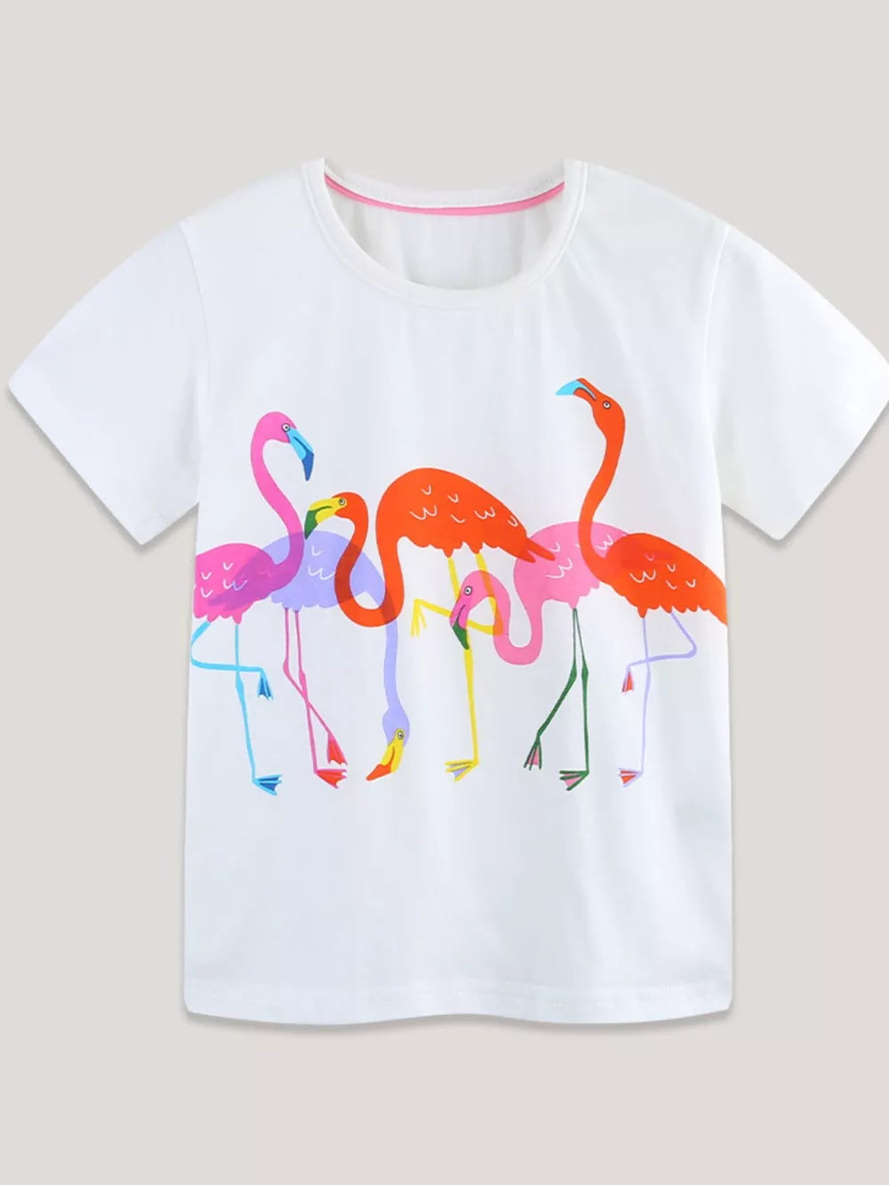 White cotton crew neck t-shirt with a playful multi-colored flamingo print.
