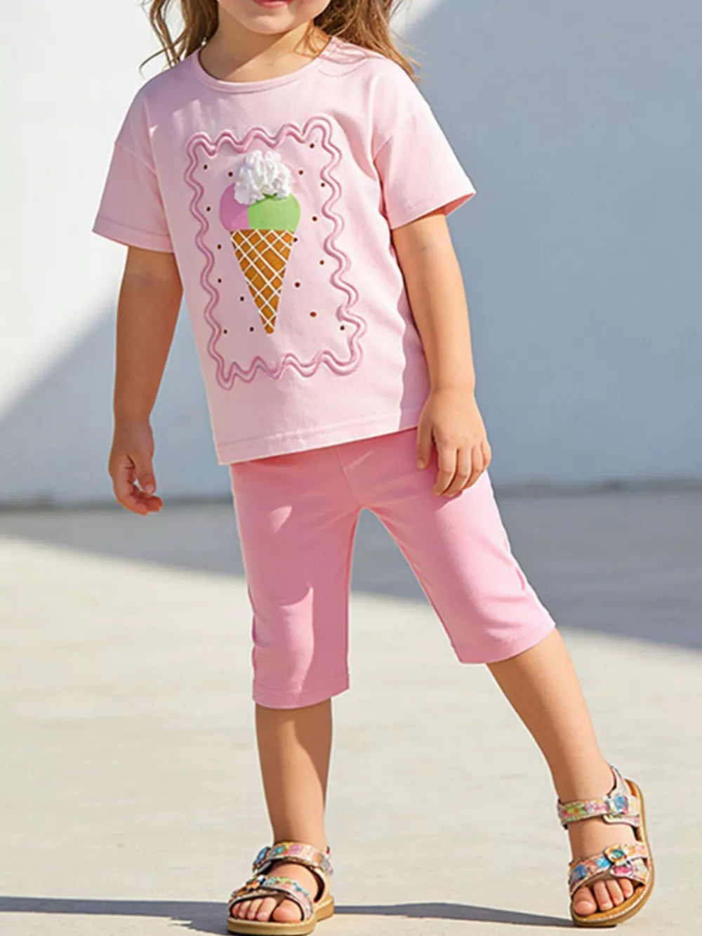 Pink cotton toddler capri set with ice cream graphic tee