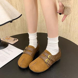 Split Toe Double Buckle Slip-Ons in Camel with split toe