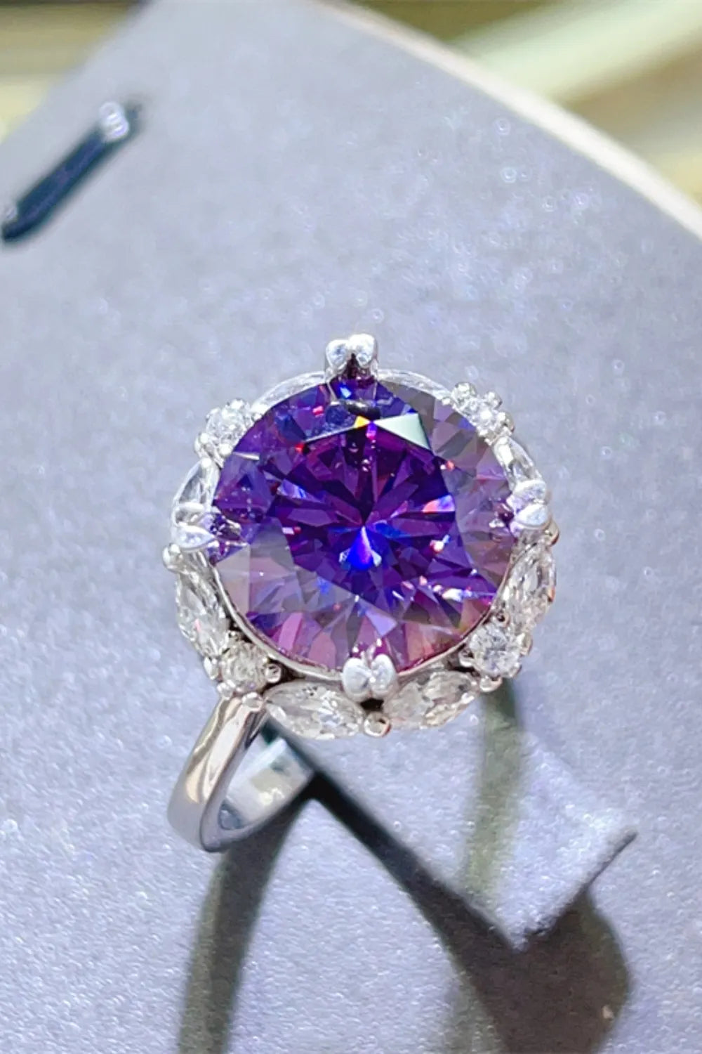 Amethyst halo cocktail ring in silver with round and marquise cut stones