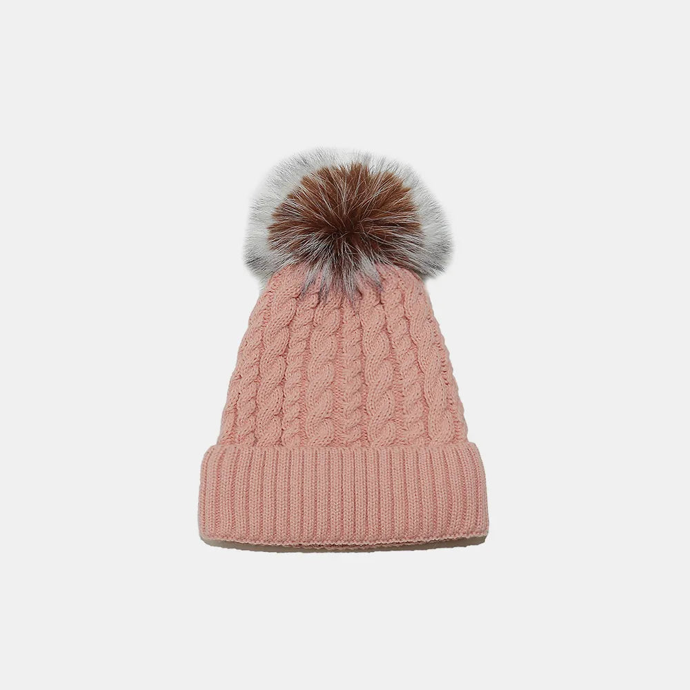 Dusty Pink cable knit beanie with pompom and ribbed cuff