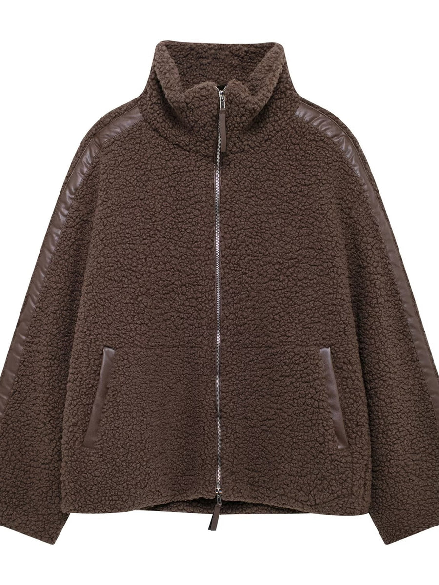 sherpa jacket in cream with zipper and hip-length