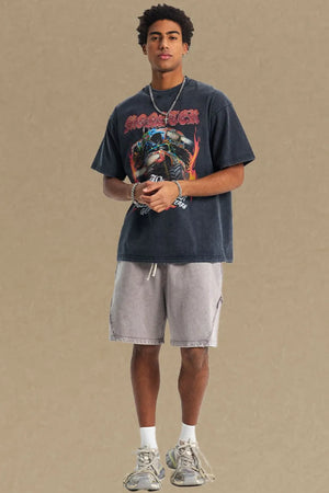 Black vintage monster truck graphic tee with distressed details and a crew neck.