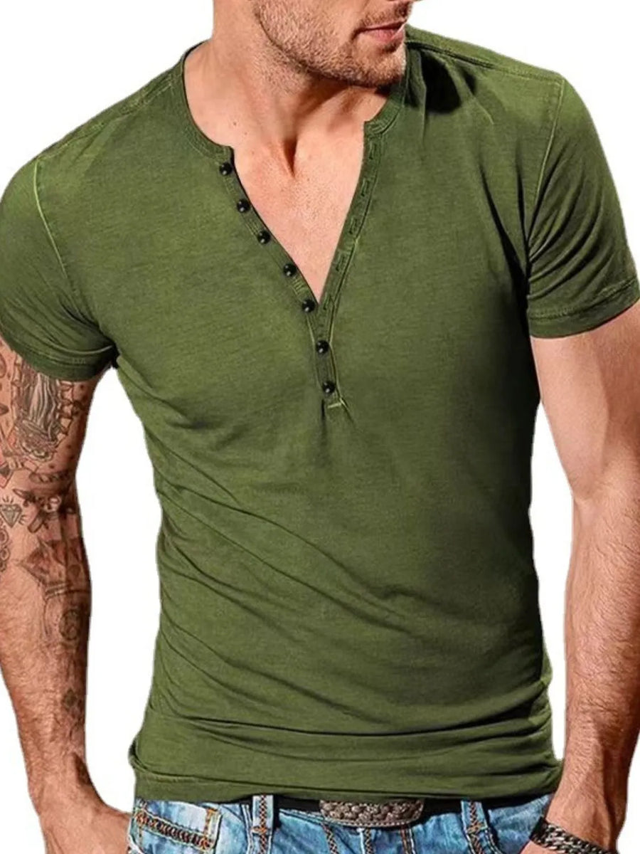 Moss slub cotton henley tee with button placket and short sleeves