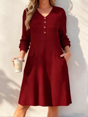 Full Size Ribbed Knit V-neck Dress Plus Size in Apricot