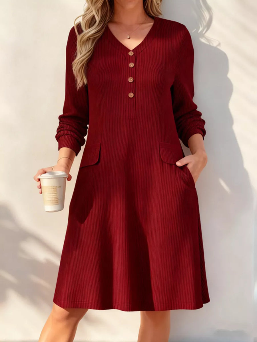 Full Size Ribbed Knit V-neck Dress Plus Size in Apricot
