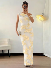 Light Blue fitted maxi dress with one-shoulder