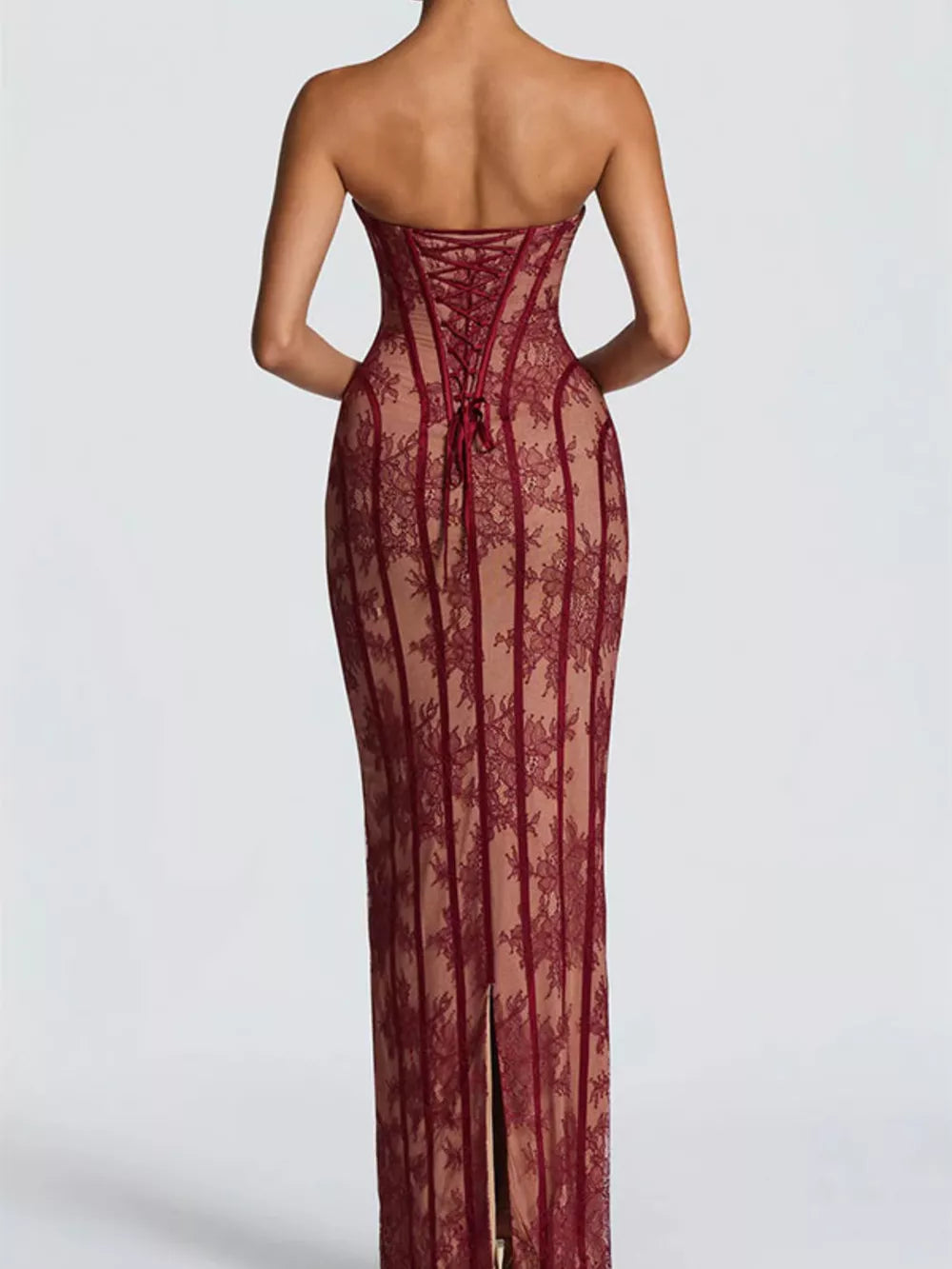 Burgundy lace maxi dress with sweetheart neckline and corset back detail.
