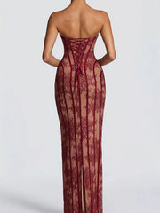 Burgundy lace maxi dress with sweetheart neckline and corset back detail.