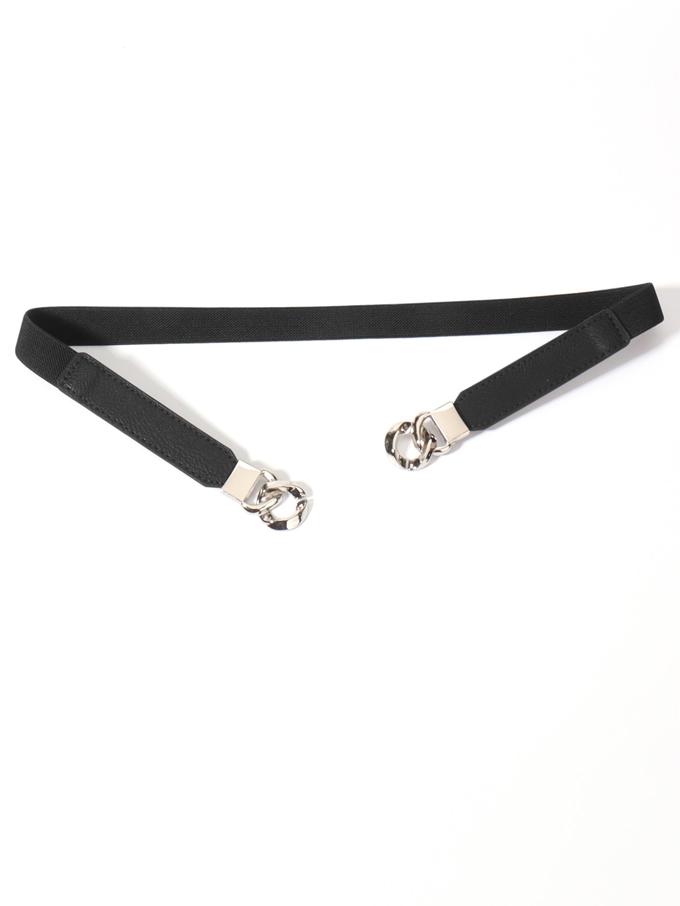 Black faux leather elastic belt with silver chain detail and silver hardware.