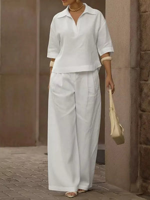 matching set in white featuring 3/4 sleeve and relaxed fit
