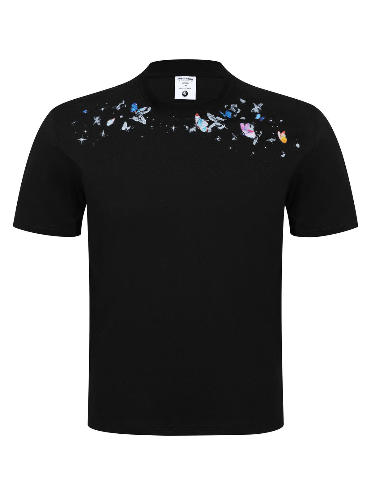 black t-shirt with butterfly and round neck