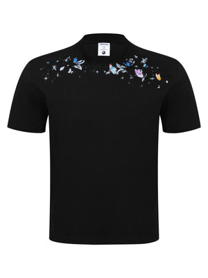 black t-shirt with butterfly and round neck
