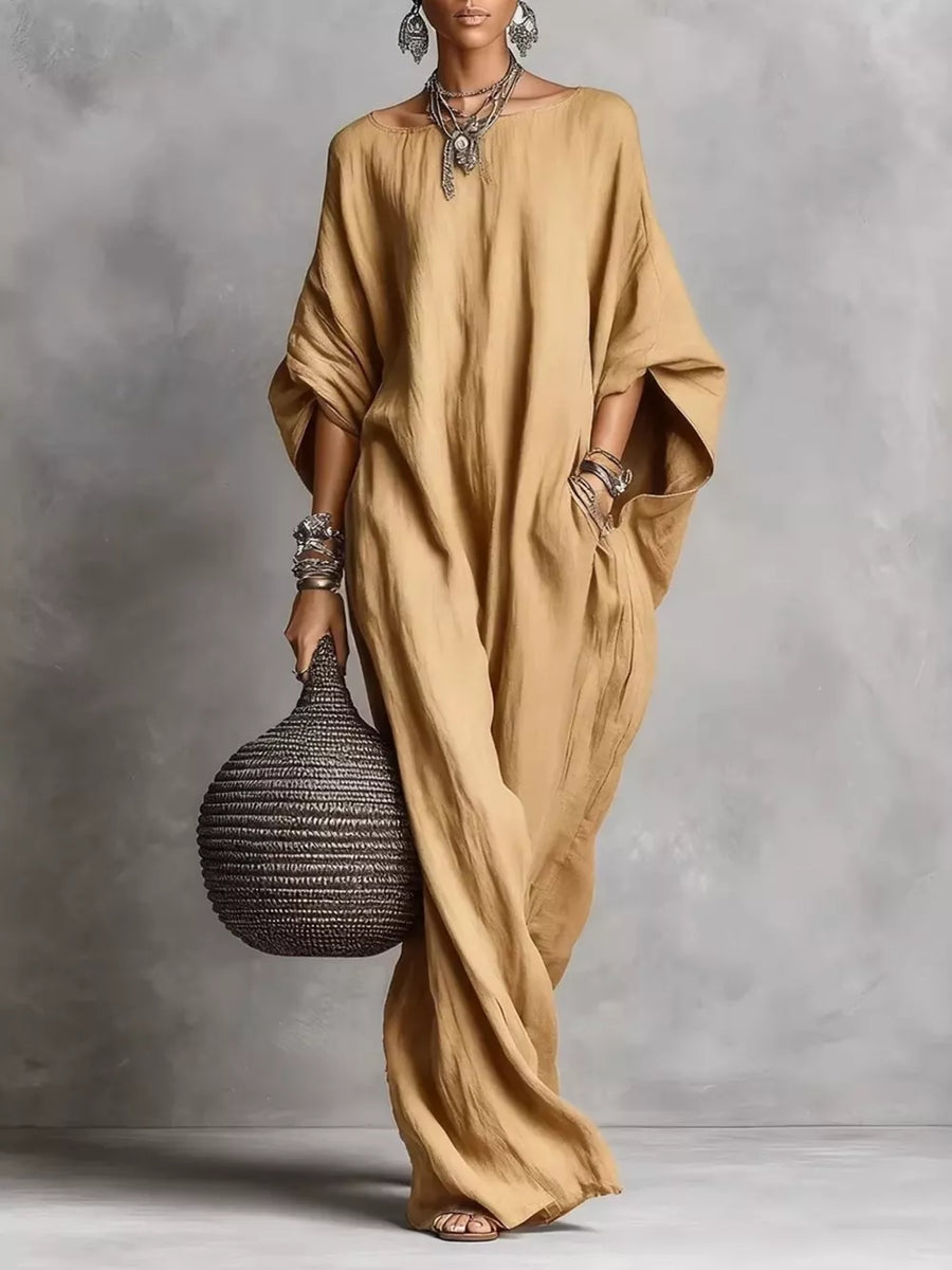 Khaki Loose Fit Boat Neck Maxi Dress