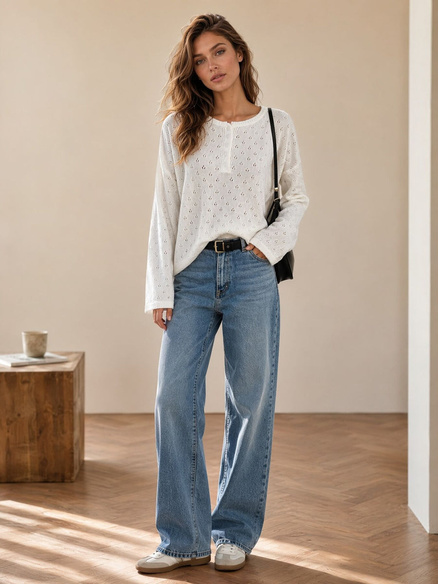 pullover sweater in Yellow with pointelle and buttoned