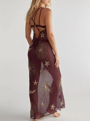 Sheer celestial sequin cover-up dress in deep brown with star and moon embellishments.