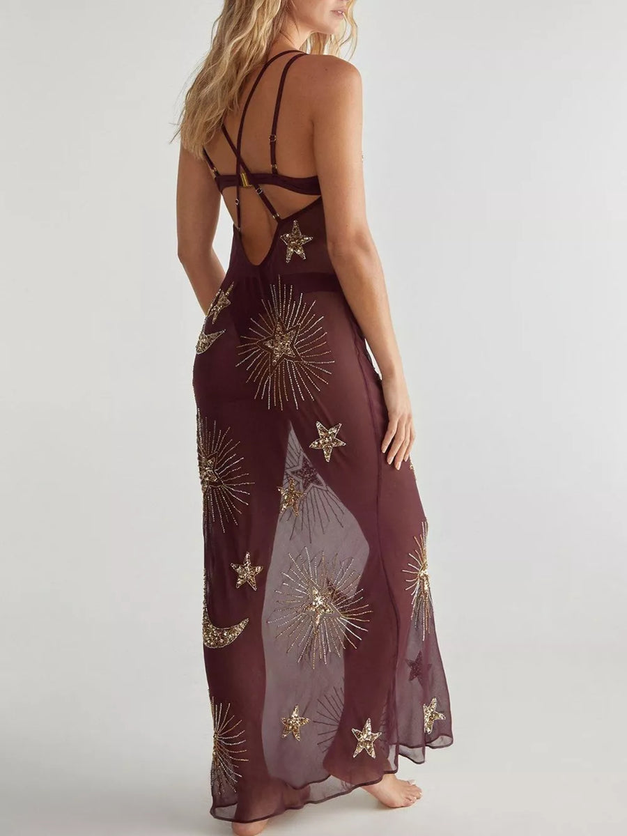 Sheer celestial sequin cover-up dress in deep brown with star and moon embellishments.