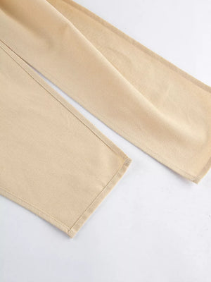 One-shoulder Tie-waist Top And Wide-leg Pants Set in Khaki Color with tied waist