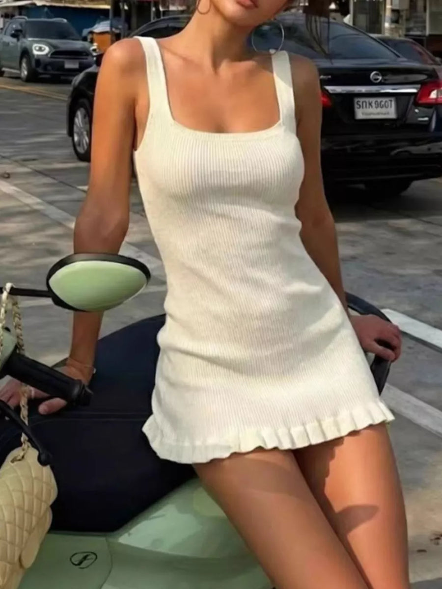 Black Ribbed Knit Square Neck Sweater Dress