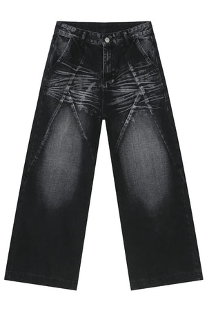 Dark wash wide leg jeans with sculpted paneling and whiskering detail.