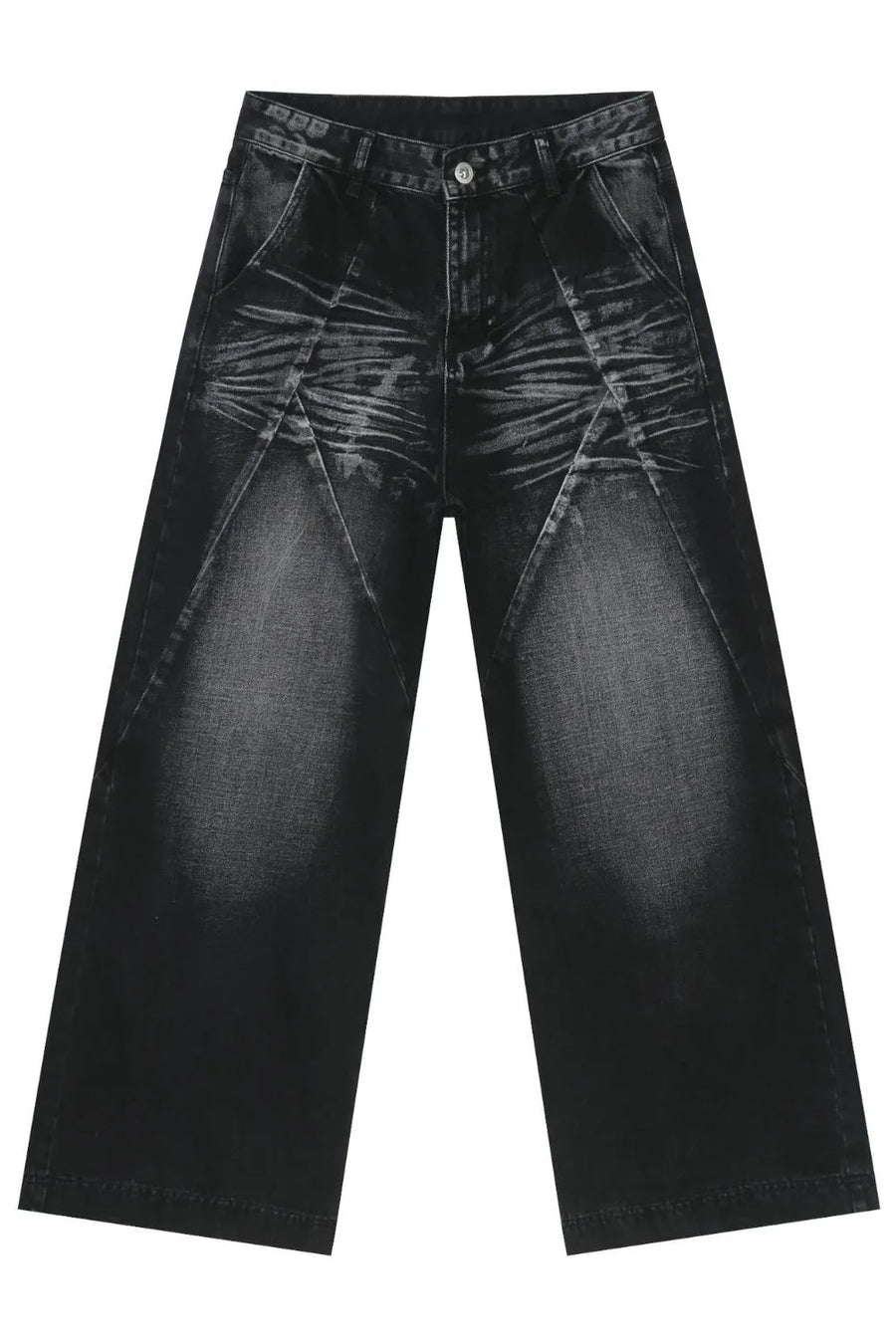 Dark wash wide leg jeans with sculpted paneling and whiskering detail.