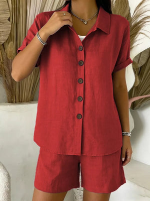 Full Size Button-up Shirt And Shorts Set Plus Size in Blue