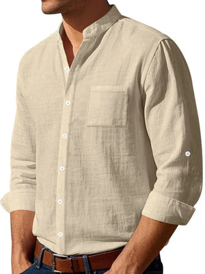 Khaki linen relaxed fit shirt with mandarin collar and chest pocket.