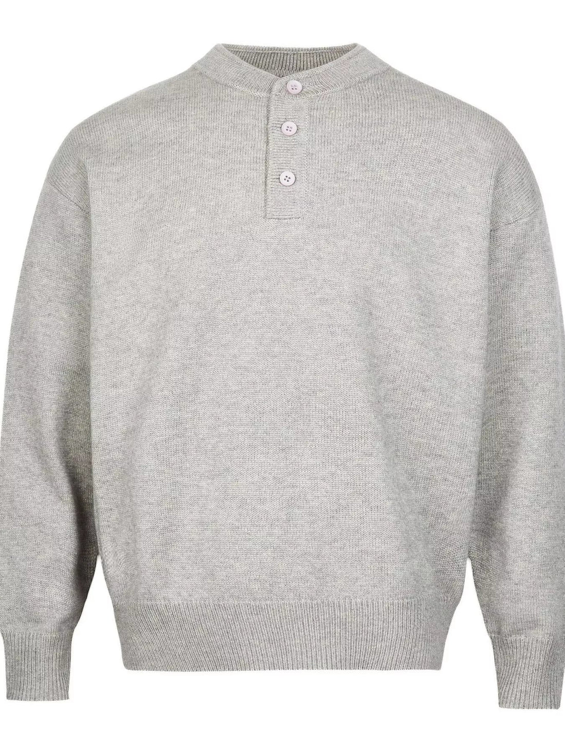 Light gray knit sweater with button detail and drop shoulders