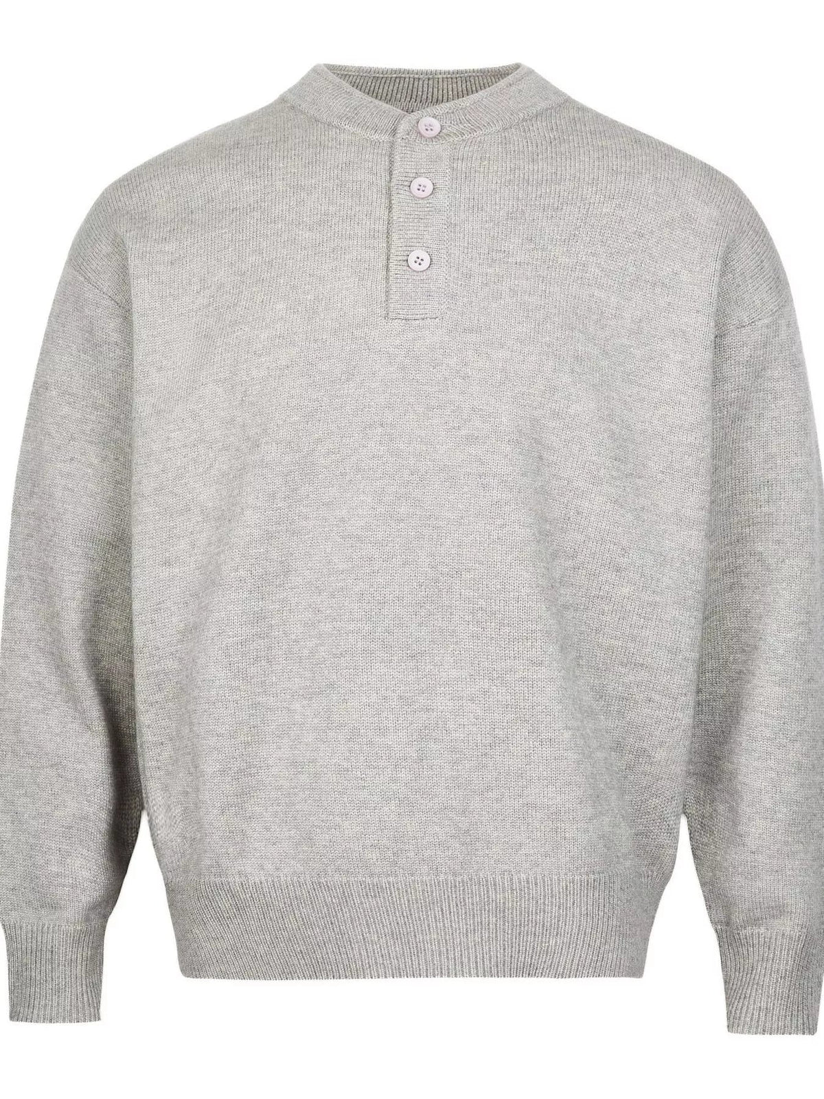 Light gray knit sweater with button detail and drop shoulders