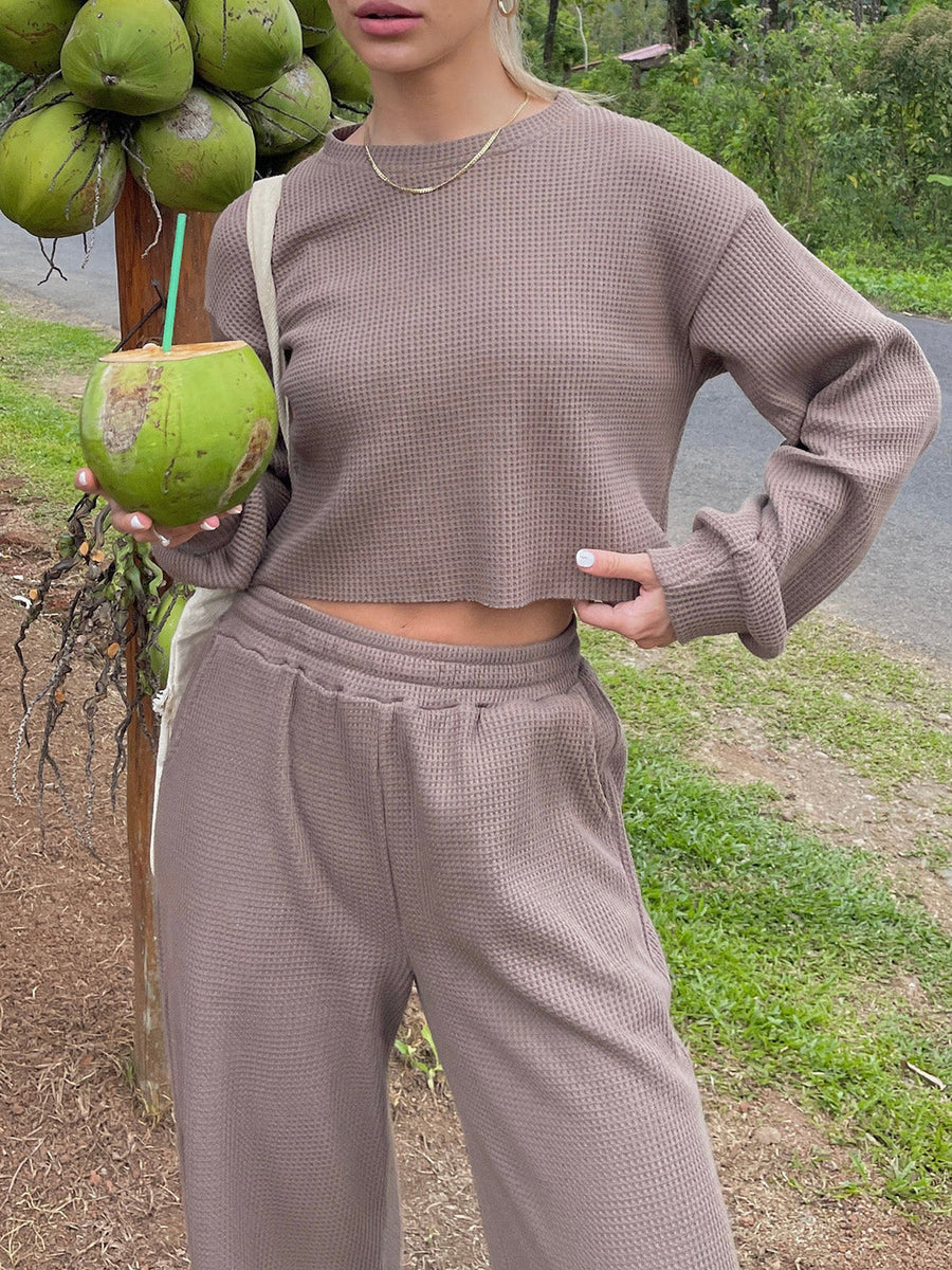 Waffle knit cropped lounge set in Mocha