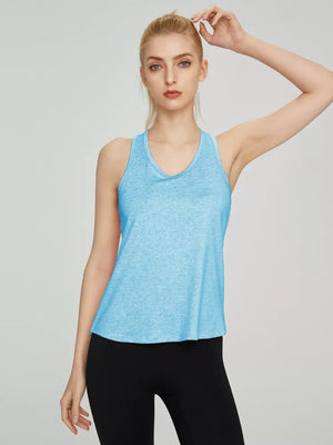 Blue heathered athletic tank top with V-neck and racerback
