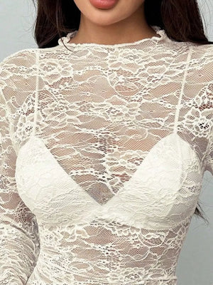 Sheer Lace Long Sleeve Top in Burgundy
