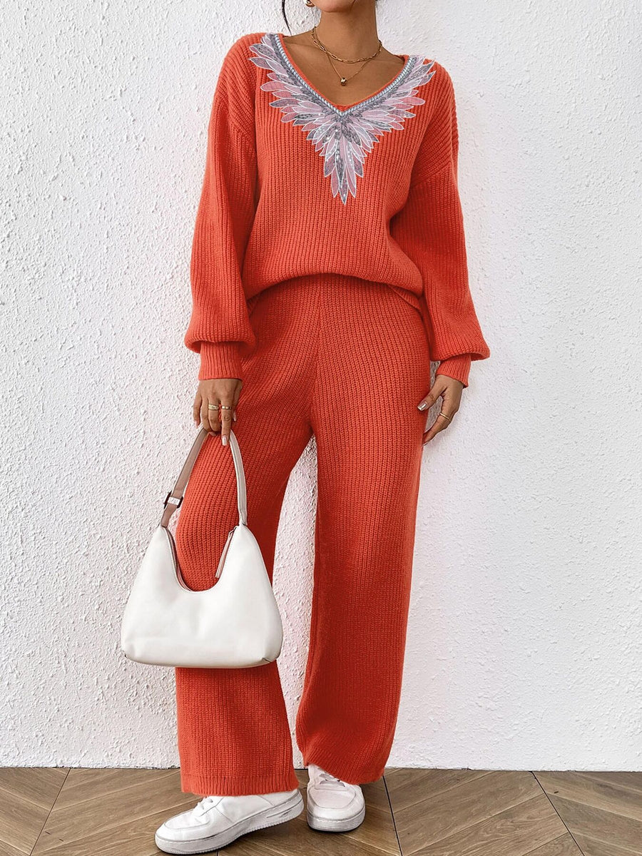 V-Neck Sweater And Pants Set in Black with ribbed knit