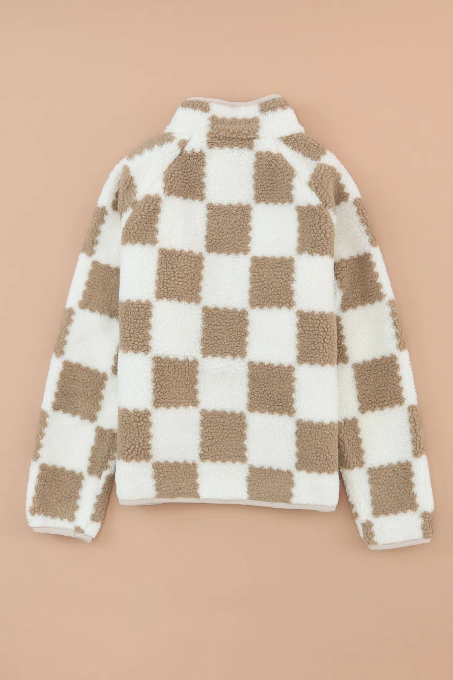 Teddy checkered utility jacket in Dust Storm with a fuzzy texture and quarter zip.