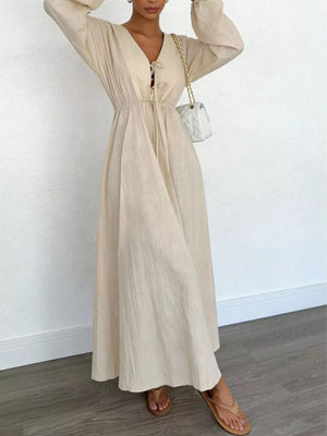maxi dress in beige featuring tied front and A-line fit