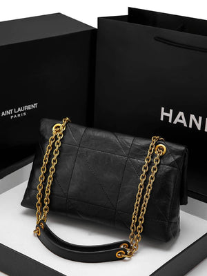 Geometric Quilted Shoulder Bag With Gold Chain in Black with quilted