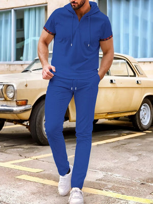 Men's Casual Short-sleeve Hoodie And Pants Set in Khaki