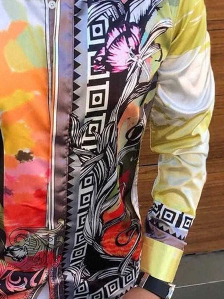 Artistic panel silk shirt in light yellow with bold abstract and floral prints.