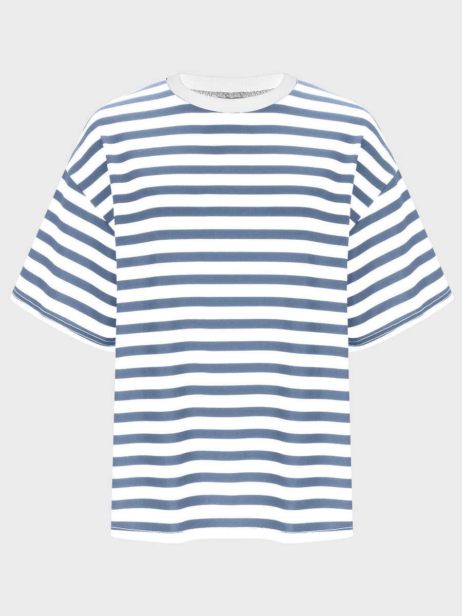 Oversized striped tee with dropped sleeves in Dusty Blue and white.