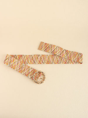 Woven raffia belt in multicolor with a sculpted gold-tone buckle.