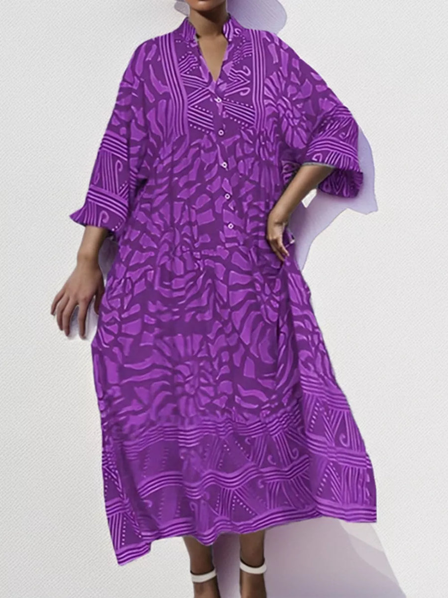 Electric Purple abstract print midi dress with button front and tiered skirt.