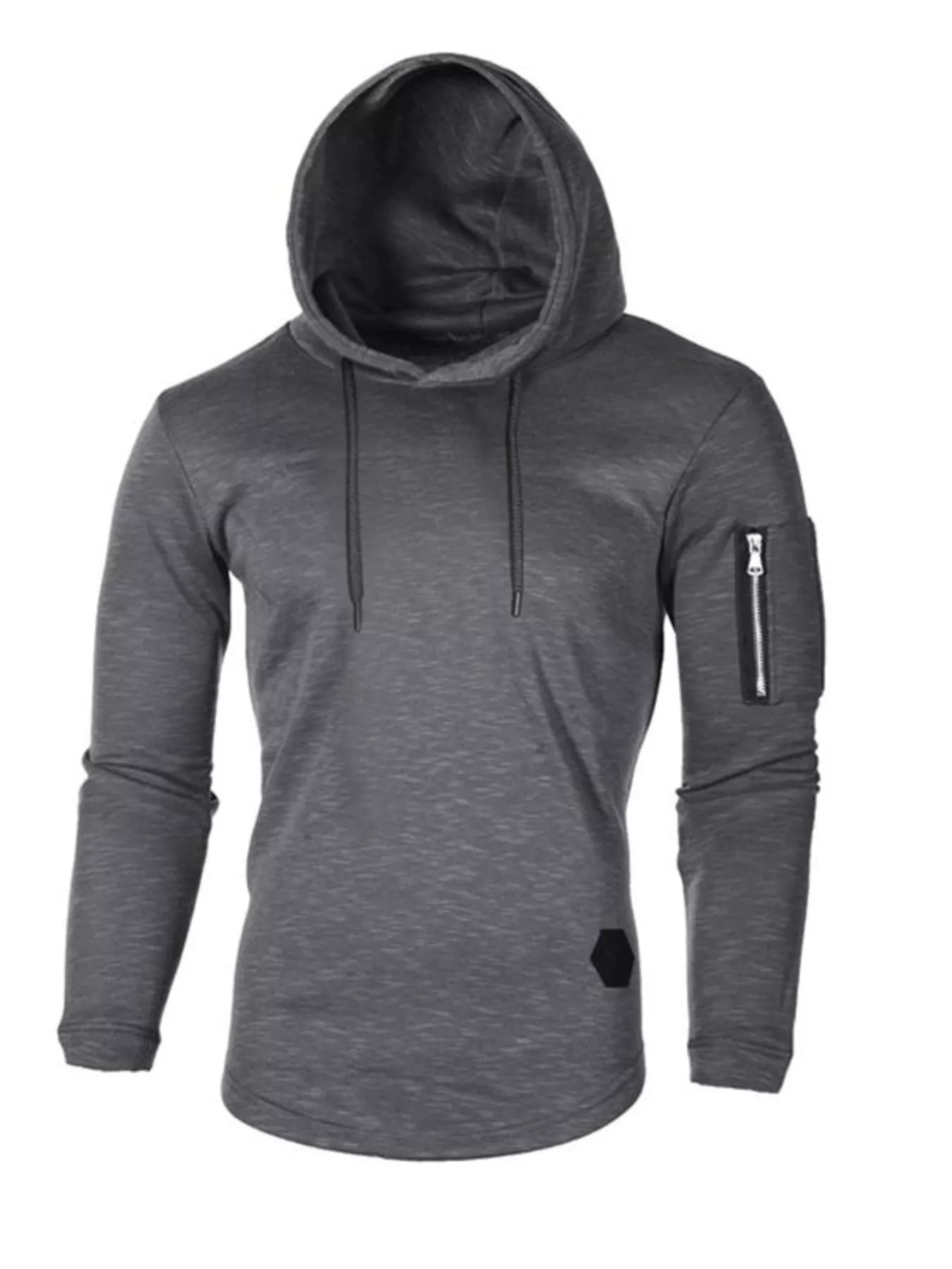 Gray slim fit long-sleeve hoodie with drawstring and zippered arm pocket.