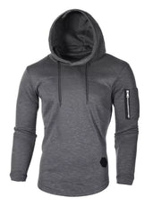 Gray slim fit long-sleeve hoodie with drawstring and zippered arm pocket.