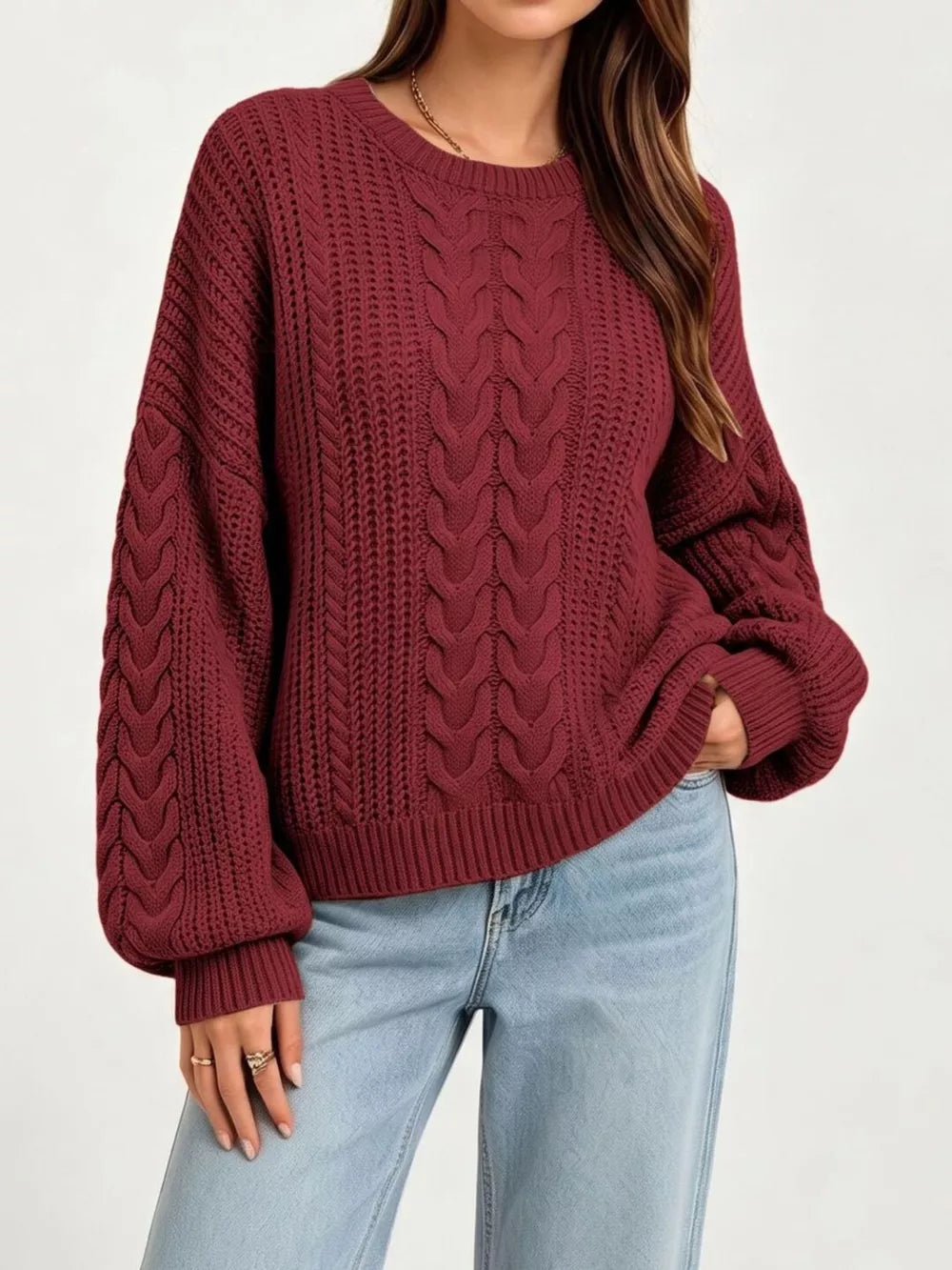 pullover sweater in blush pink with cable knit and oversized