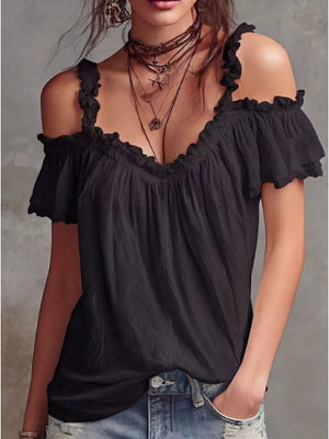 Black ruffled cold shoulder shirt with deep V-neck and short sleeves.