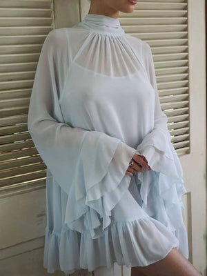 Sky Blue with Sheer Mock Neck Flare Sleeve Dress