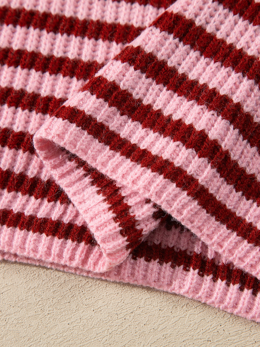 burgundy zip-up sweater with zip-front and striped